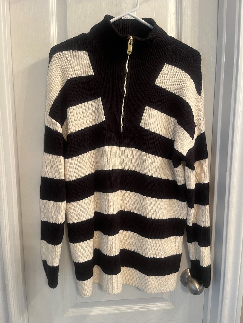 Express Black and White Striped Zip Pullover Sweater